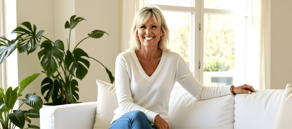 Th TC Trainer sitting on a white couch in a bright room with plants